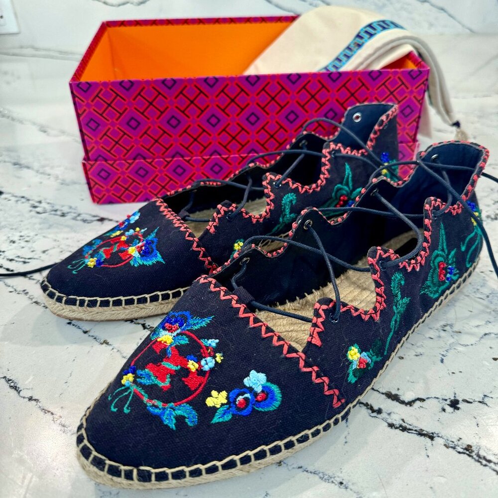 Tory Burch Sonoma embroidered Gille Espadrille Size 11 Tory Navy